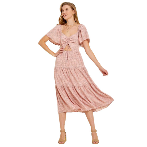 PinkBlush Dusty Rose Ditsy Floral Tiered Ruffle Midi Dress Size: M NWT - Picture 9 of 11